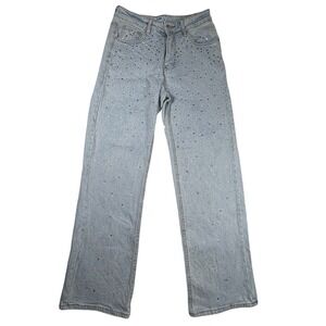 Kiwi Womens Light Wash Rhinestone Embellished High Rise Straight Jeans 26 Small